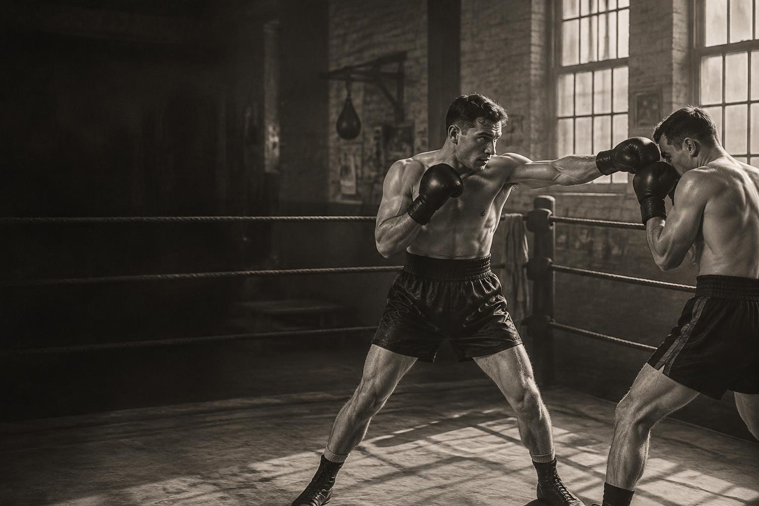 Vintage-style photograph of two boxers sparring in a traditional boxing gym